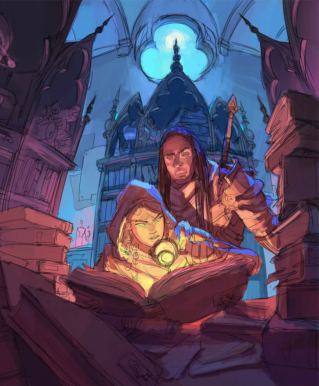 An illustrated reader discovering a glowing book in a fantastical library